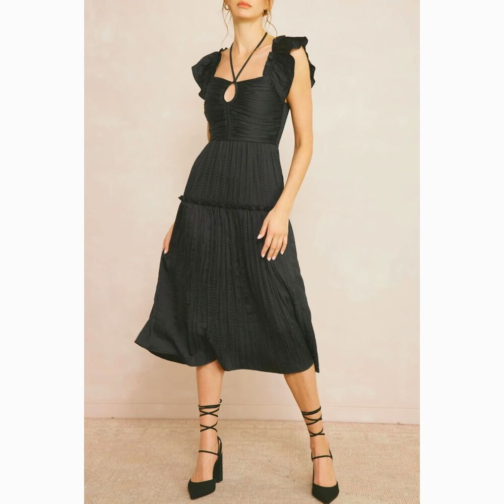 Entro D21308 Black Ruffle Midi Dress Smocked Bodice Boho Size M NWT